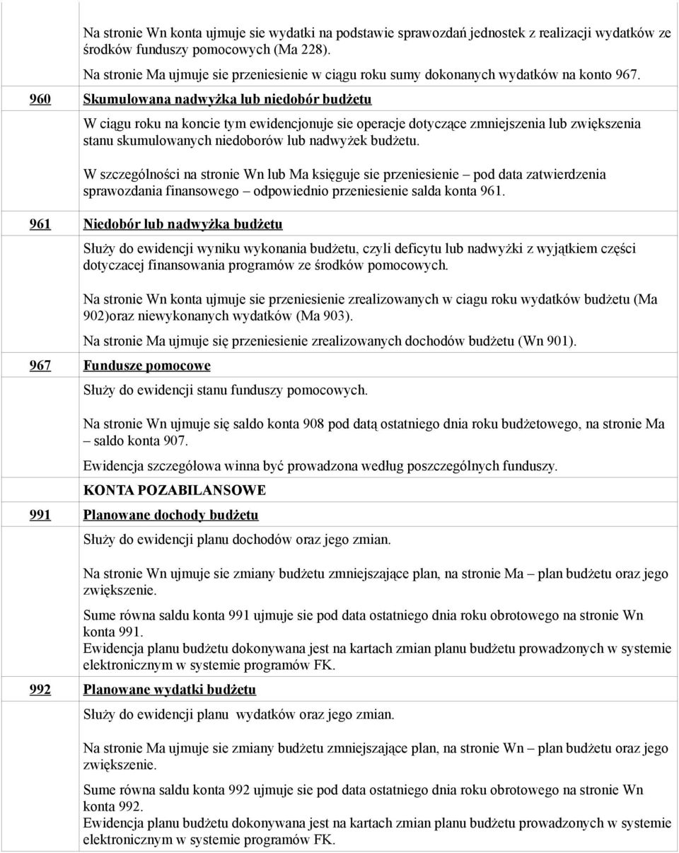 960 Skumulowana nadwyżka lub niedobór budżetu W ciągu roku na koncie tym ewidencjonuje sie operacje dotyczące zmniejszenia lub zwiększenia stanu skumulowanych niedoborów lub nadwyżek budżetu.