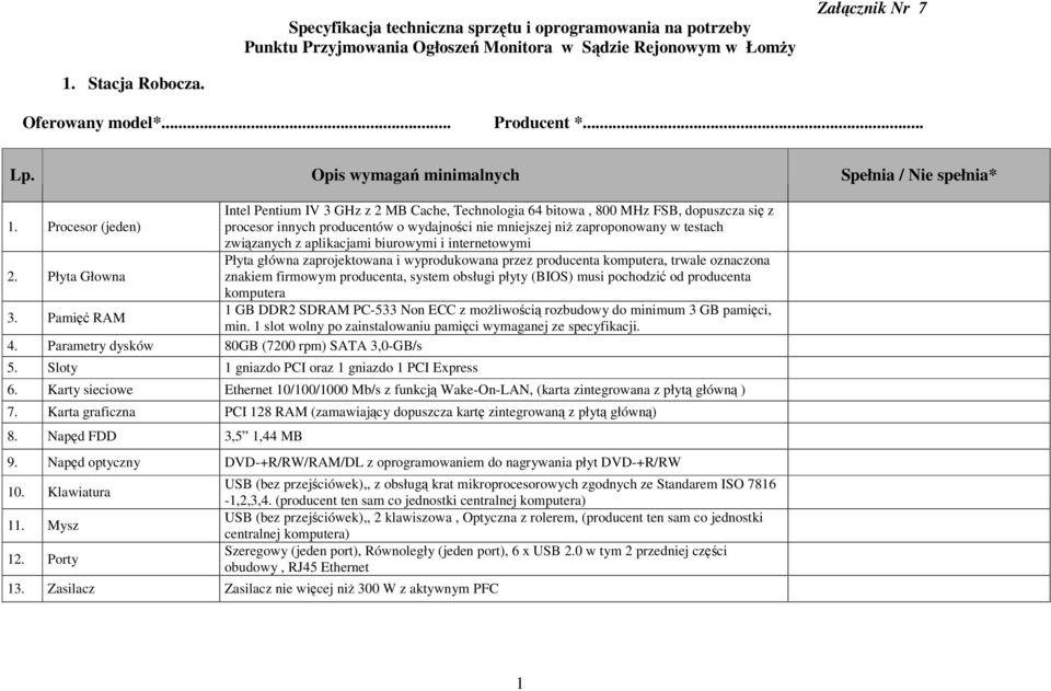 Procesor (jeden) Intel Pentium IV 3 GHz z 2 MB Cache, Technologia 64 bitowa, 800 MHz FSB, dopuszcza się z procesor innych producentów o wydajności nie mniejszej niż zaproponowany w testach związanych