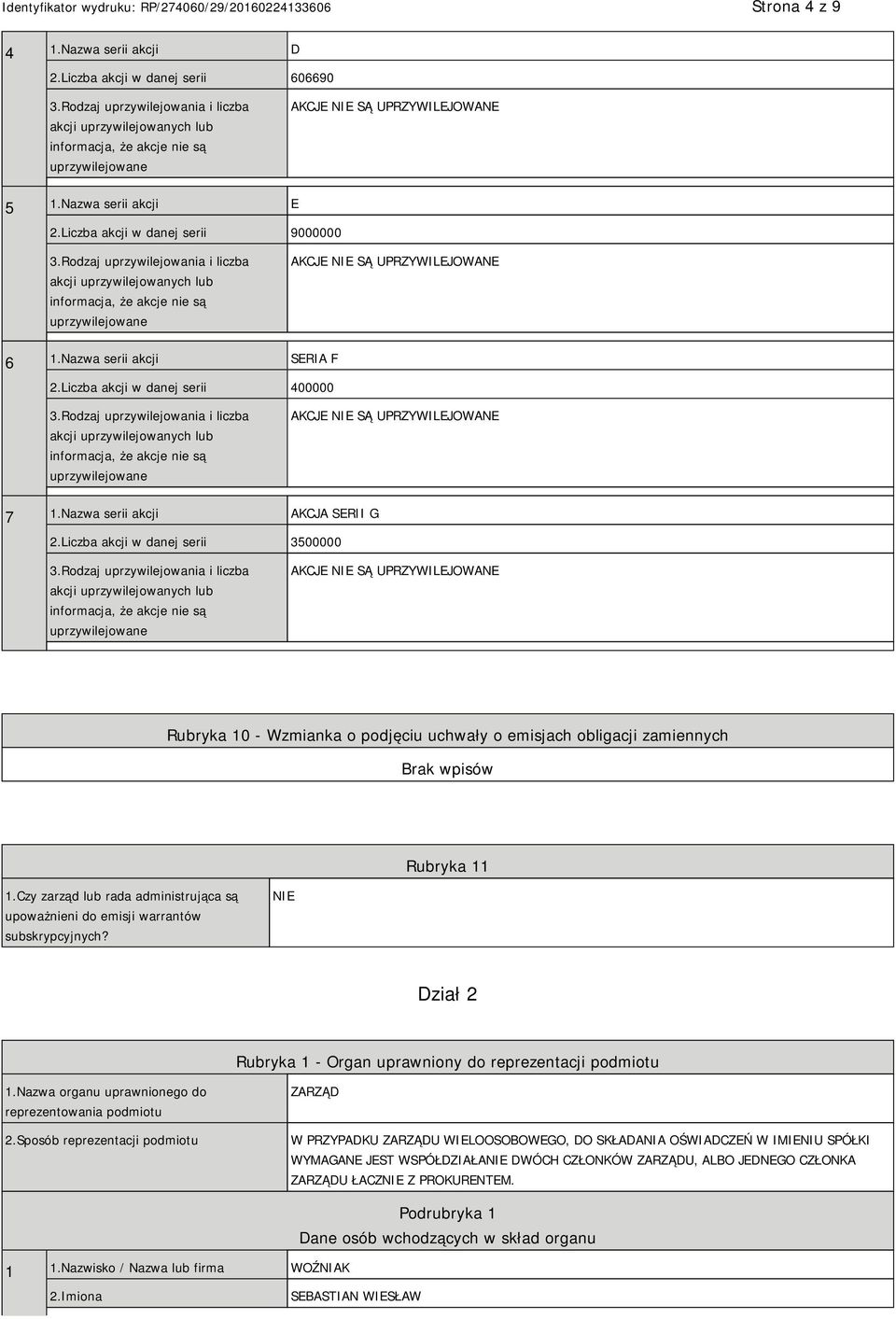 Liczba akcji w danej serii 3500000 AKCJE SĄ UPRZYWILEJOWANE Rubryka 10 - Wzmianka o podjęciu uchwały o emisjach obligacji zamiennych Rubryka 11 1.