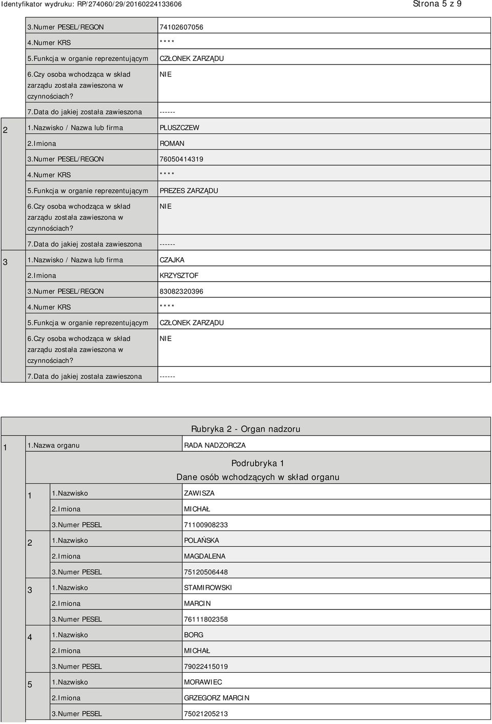 Czy osoba wchodząca w skład zarządu została zawieszona w czynnościach? PREZES ZARZĄDU 7.Data do jakiej została zawieszona ------ 3 1.Nazwisko / Nazwa lub firma CZAJKA KRZYSZTOF 3.