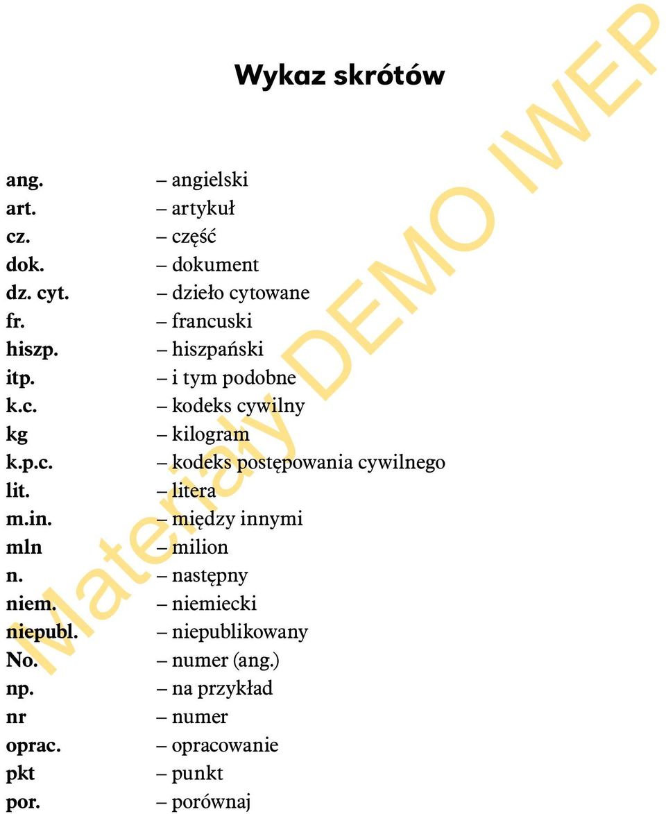 litera m.in. między innymi mln milion n. następny niem. niemiecki niepubl. niepublikowany No.