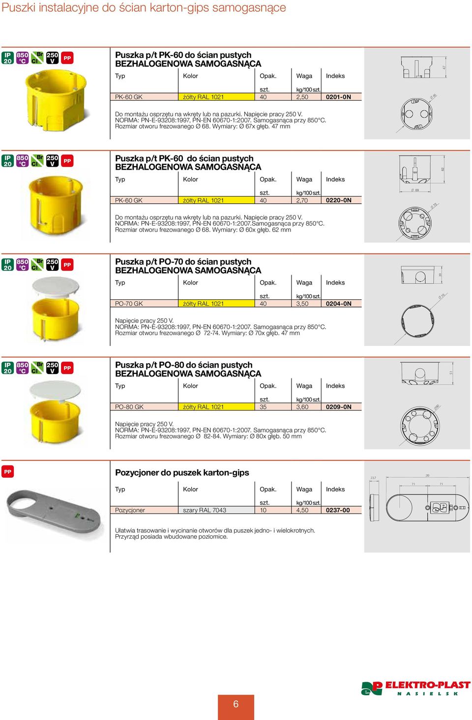 47 mm 850 Br 20 C Cl 250 Puszka p/t PK-60 do ścian pustych BEZHALOGENOWA SAMOGASNĄCA PK-60 GK żółty RAL 1021 40 2,70 0220-0N Do montażu osprzętu na wkręty lub na pazurki. Napięcie pracy 250.