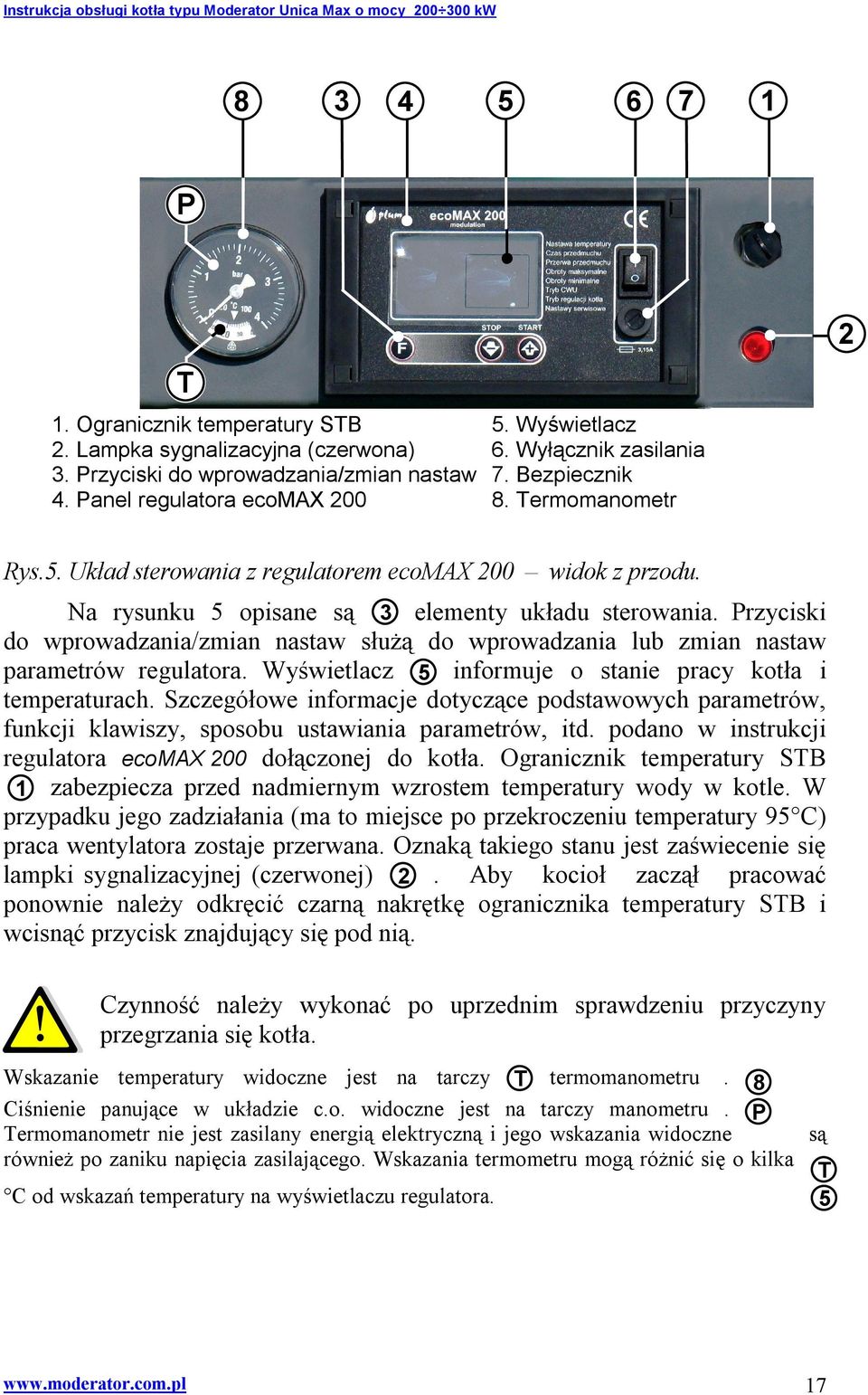 Przyciski do wprowadzania/zmian nastaw służą do wprowadzania lub zmian nastaw parametrów regulatora. Wyświetlacz 5 informuje o stanie pracy kotła i temperaturach.