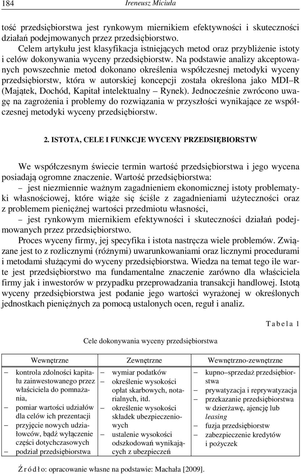 Na podstawie analizy akceptowanych powszechnie metod dokonano określenia współczesnej metodyki wyceny przedsiębiorstw, która w autorskiej koncepcji została określona jako MDI R (Majątek, Dochód,