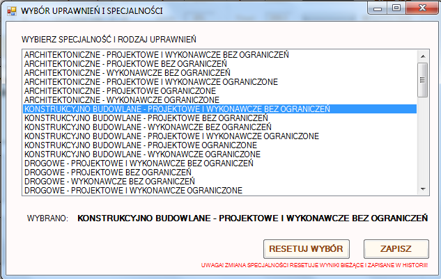 Aby odznaczyć wybór uprawnień i tym samym mieć dostęp do wszystkich aktów prawnych dostępnych w programie klikamy przycisk RESETUJ WYBÓR.