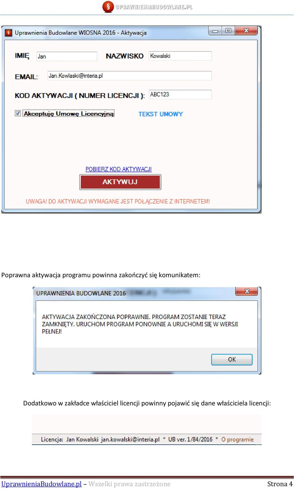 licencji powinny pojawić się dane właściciela