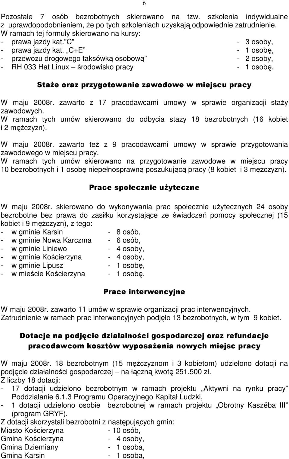 C+E - 1 osobę, - przewozu drogowego taksówką osobową - 2 osoby, - RH 033 Hat Linux środowisko pracy - 1 osobę. StaŜe oraz przygotowanie zawodowe w miejscu pracy W maju 2008r.