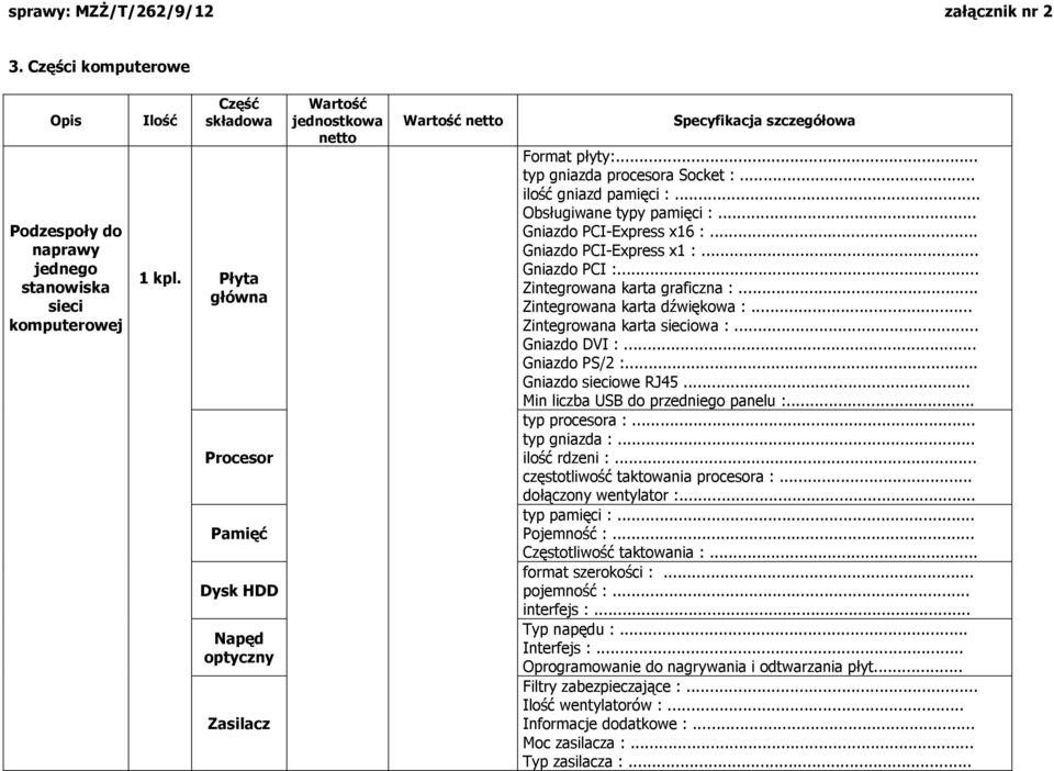.. Zintegrowana karta dźwiękowa :... Zintegrowana karta sieciowa :... Gniazdo DVI :... Gniazdo PS/2 :... Gniazdo sieciowe RJ45... Min liczba USB do przedniego panelu :... typ procesora :.