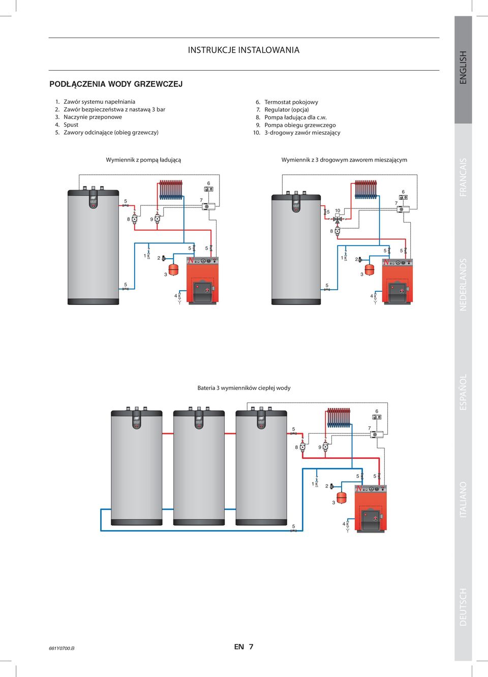 Termostat pokojowy. Regulator (opcja) 8. Pompa ładująca dla c.w. 9. Pompa obiegu grzewczego 0.