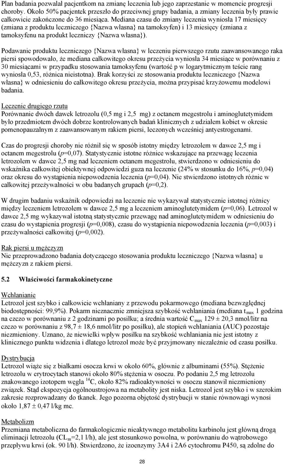 Mediana czasu do zmiany leczenia wyniosła 17 miesięcy (zmiana z produktu leczniczego {Nazwa własna} na tamoksyfen) i 13 miesięcy (zmiana z tamoksyfenu na produkt leczniczy {Nazwa własna}).