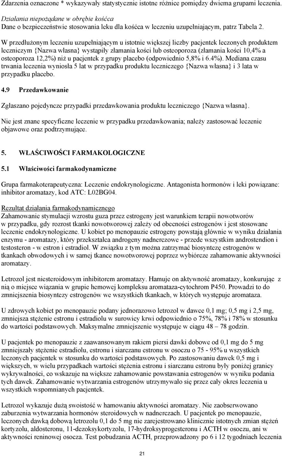 W przedłużonym leczeniu uzupełniającym u istotnie większej liczby pacjentek leczonych produktem leczniczym {Nazwa własna} wystąpiły złamania kości lub osteoporoza (złamania kości 10,4% a osteoporoza