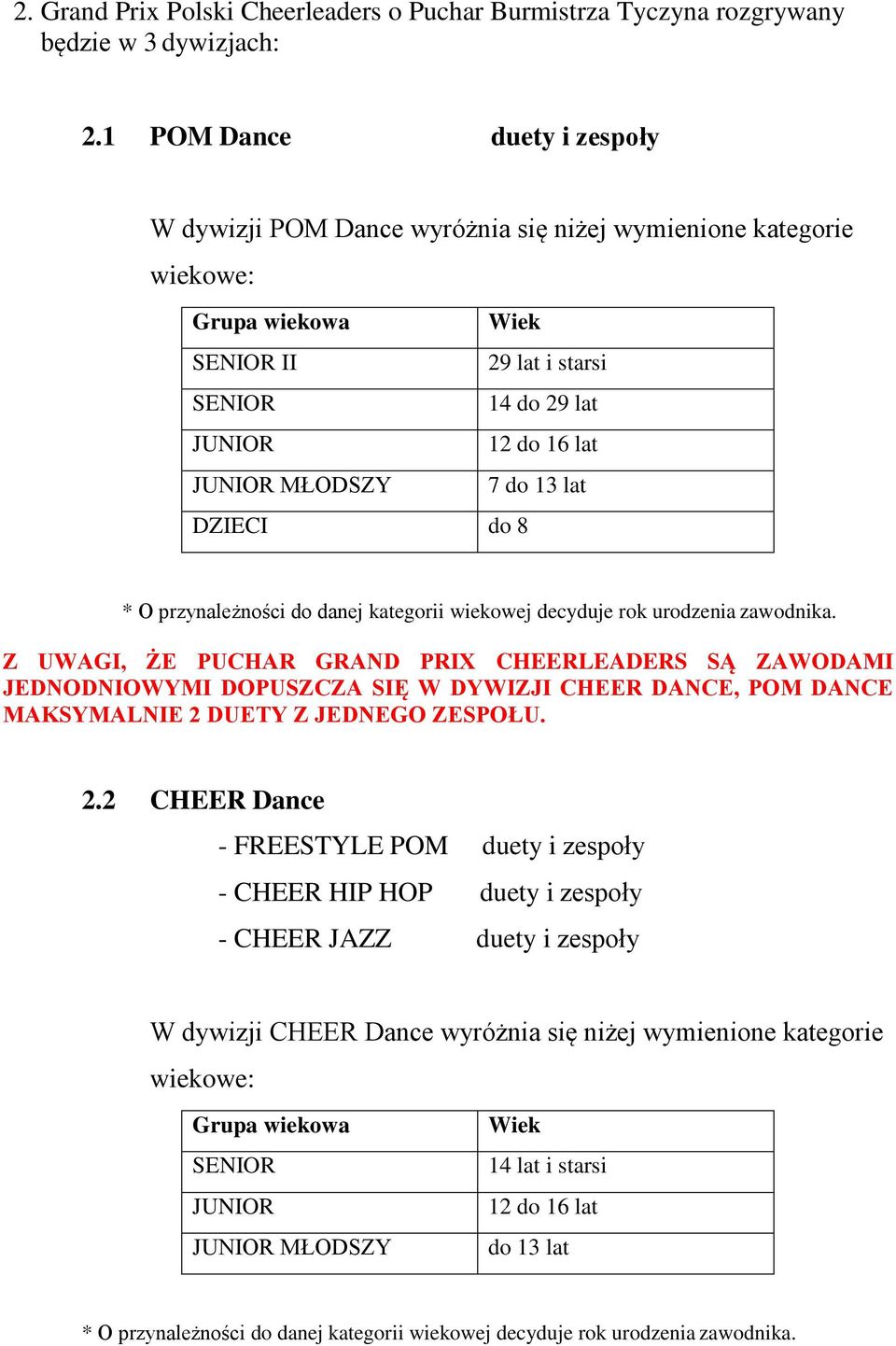 do 13 lat DZIECI do 8 * O przynależności do danej kategorii wiekowej decyduje rok urodzenia zawodnika.