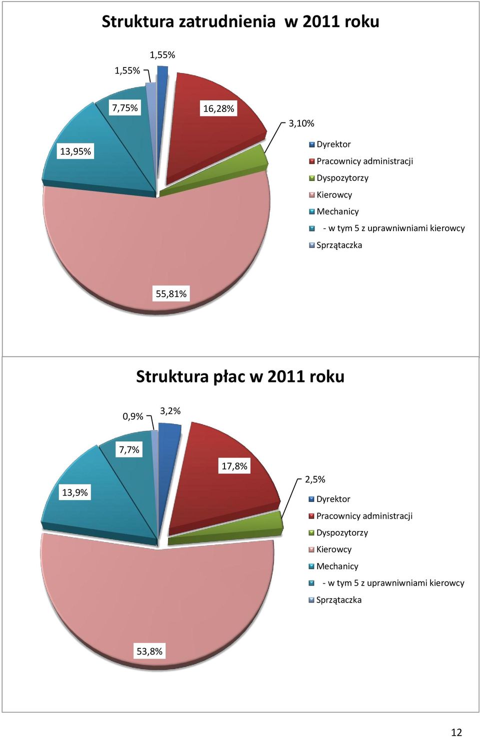 55,81% Struktura płac w 2011 roku 0,9% 3,2% 13,9% 7,7% 17,8% 2,5% Dyrektor Pracownicy  53,8%