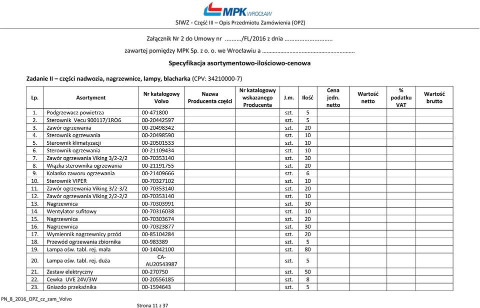 Asortyment Nr katalogowy Volvo Nazwa Producenta części Nr katalogowy wskazanego Producenta 1. Podgrzewacz powietrza 00-471800 szt. 5 2. Sterownik Vecu 900117/1RO6 00-20442597 szt. 5 3.