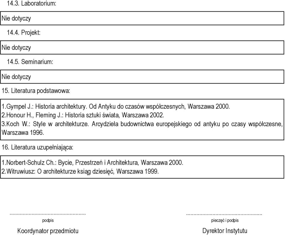 : Style w architekturze. Arcydzieła budownictwa europejskiego od antyku po czasy współczesne, Warszawa 1996. 16. Literatura uzupełniająca: 1.