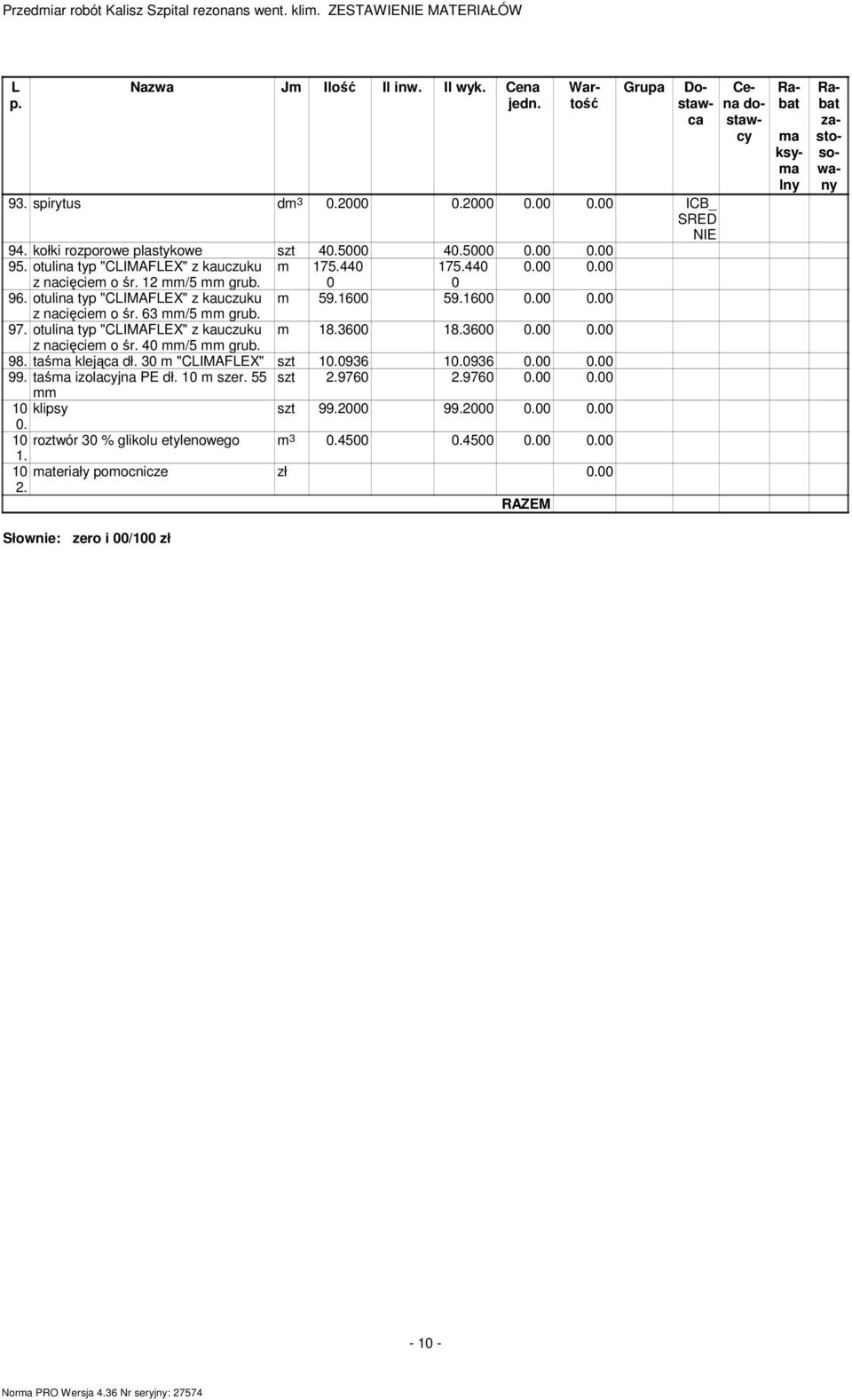 otulina typ "CLIMAFLEX" z kauczuku m 18.36 18.36.. z nacięciem o śr. 4 /5 grub. 98. taśma klejąca dł. 3 m "CLIMAFLEX" szt 1.936 1.936.. 99. taśma izolacyjna PE dł. 1 m szer. 55 szt 2.976 2.