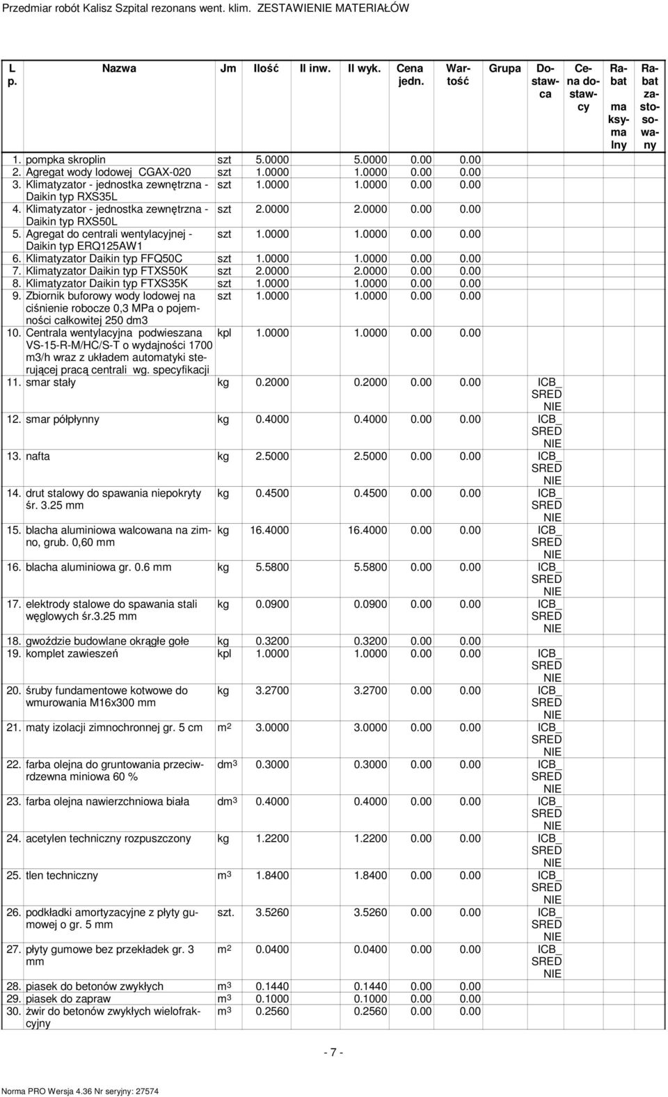 Klimatyzator Daikin typ FFQ5C szt 1. 1... 7. Klimatyzator Daikin typ FTXS5K szt 2. 2... 8. Klimatyzator Daikin typ FTXS35K szt 1. 1... 9. Zbiornik buforowy wody lodowej na szt 1. 1... ciśnienie robocze,3 MPa o pojemności całkowitej 25 dm3 1.