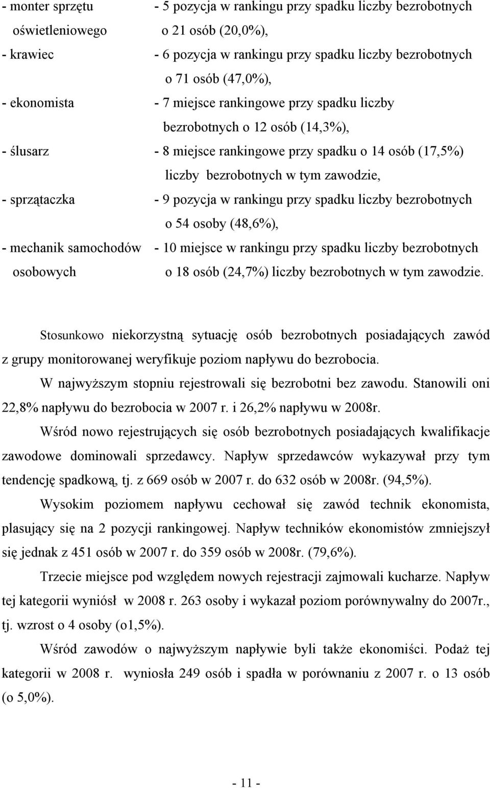 9 pozycja w rankingu przy spadku liczby bezrobotnych o 54 osoby (48,6%), - mechanik samochodów - 10 miejsce w rankingu przy spadku liczby bezrobotnych osobowych o 18 osób (24,7%) liczby bezrobotnych