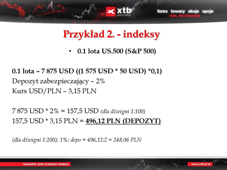 Kurs USD/PLN 3,15 PLN 7 875 USD * 2% = 157,5 USD (dla dźwigni 1:100)