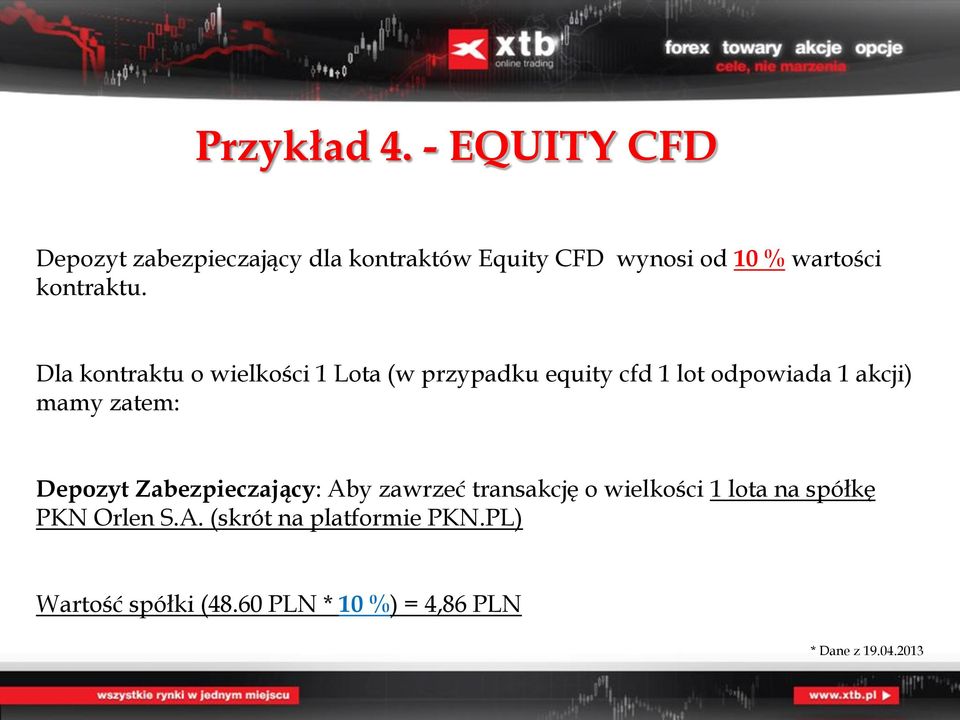 Dla kontraktu o wielkości 1 Lota (w przypadku equity cfd 1 lot odpowiada 1 akcji) mamy zatem: