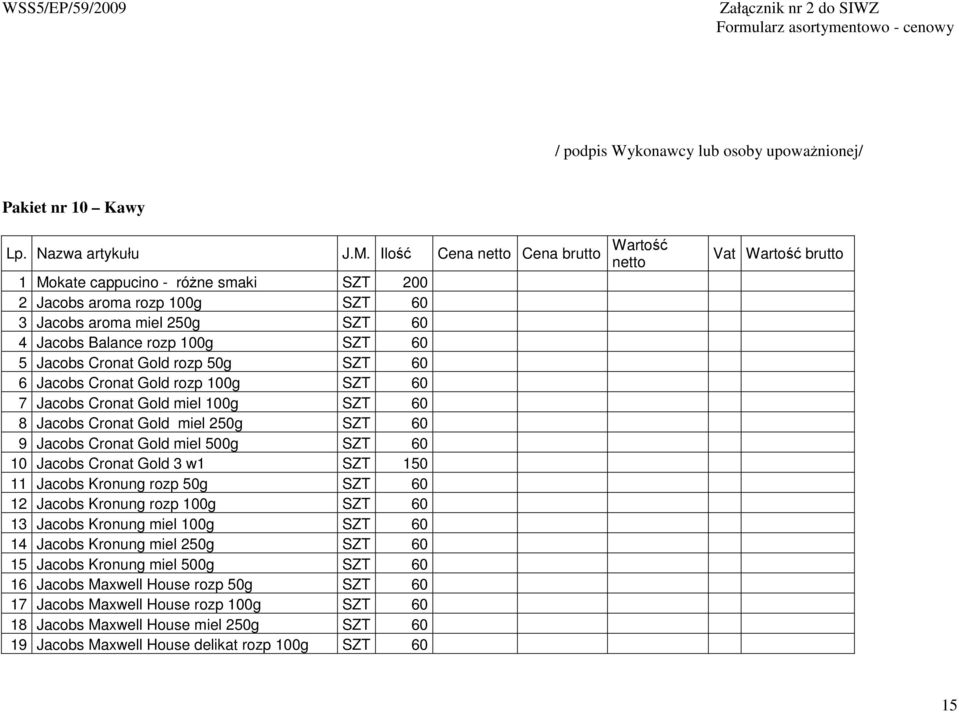 6 Jacobs Cronat Gold rozp 100g SZT 60 7 Jacobs Cronat Gold miel 100g SZT 60 8 Jacobs Cronat Gold miel 250g SZT 60 9 Jacobs Cronat Gold miel 500g SZT 60 10 Jacobs Cronat Gold 3 w1 SZT 150 11