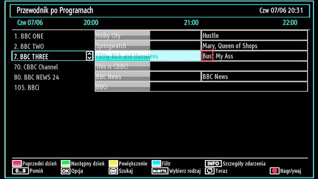 INFO (szczegóły): Wyświetla szczegółowe informacje dotyczące programów. (RECORD): telewizor rozpocznie nagrywanie wybranego programu. Można nacisnąć ponownie, aby zatrzymać nagrywanie.