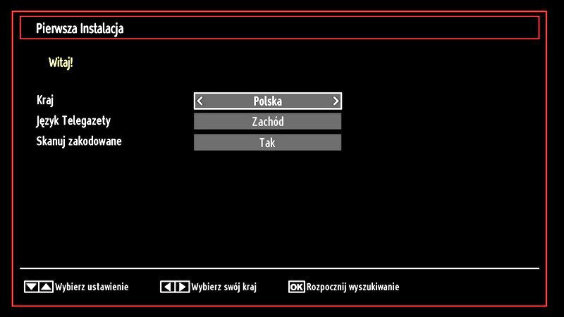 Pierwsza instalacja WAŻNE: Proszę upewnić się, że przy pierwszej instalacji antena lub kabel jest podłączony, moduł interfejsu wspólnego nie jest włożony przed włączeniem telewizora.