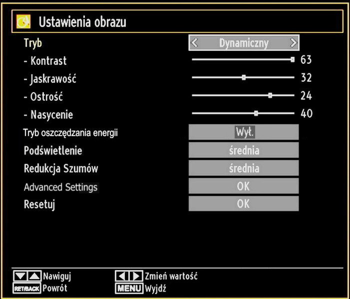 Uwaga: Istnieje możliwość przesunięcia ekranu w górę lub w dół poprzez wciśnięcie przycisków / podczas gdy powiększenie obrazu zostało ustawione na format, 14:9, kinowy lub napisy.