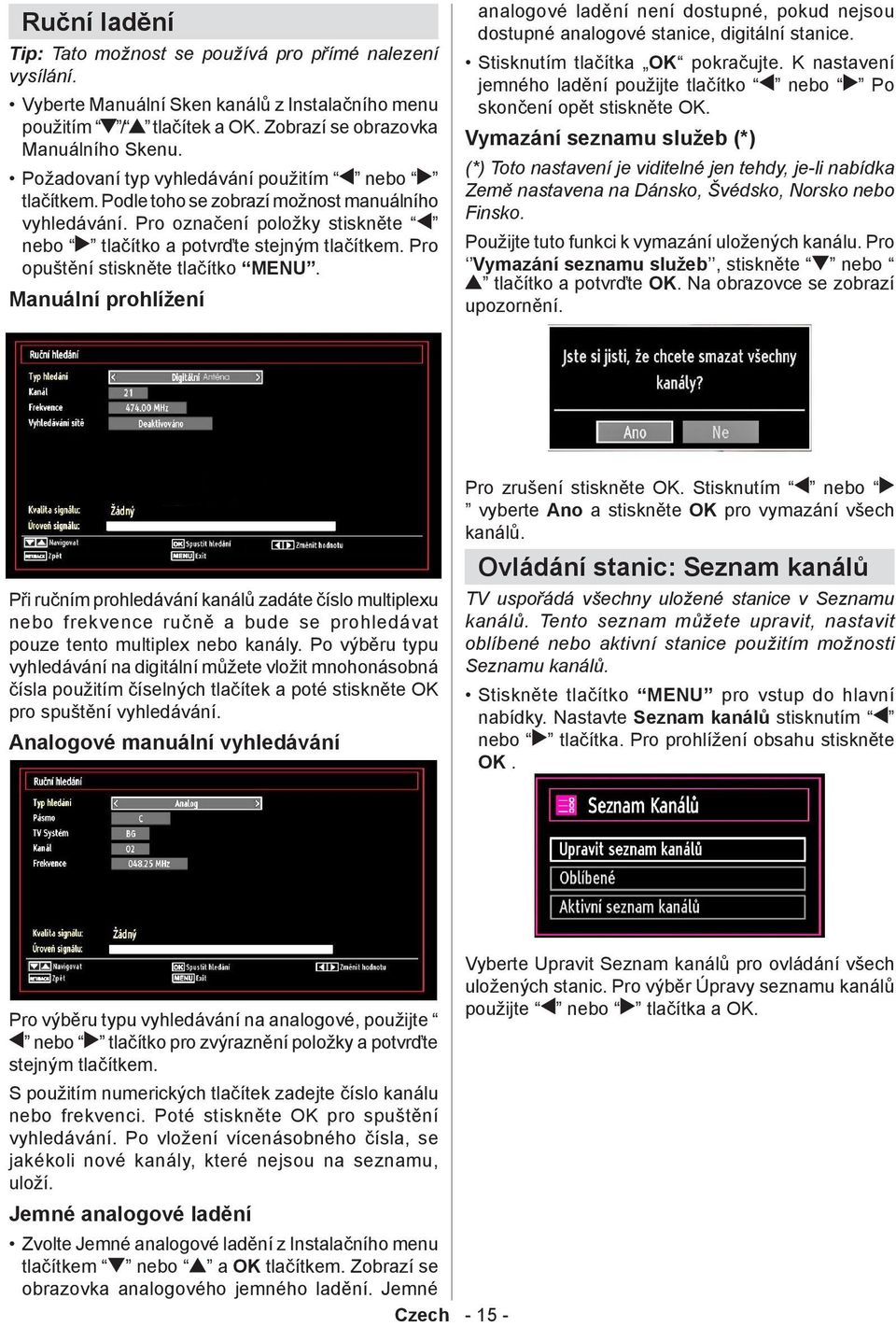 Pro opuštění stiskněte tlačítko MENU. Manuální prohlížení analogové ladění není dostupné, pokud nejsou dostupné analogové stanice, digitální stanice. Stisknutím tlačítka OK pokračujte.