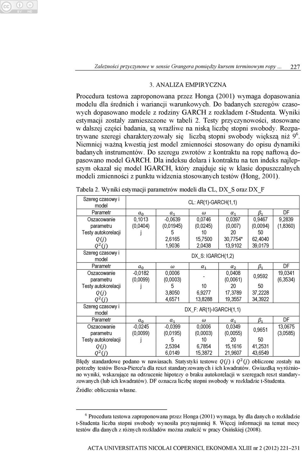 Do badanych szeregów czasowych dopasowano modele z rodziny GARCH z rozkładem -Studenta. Wyniki estymacji zostały zamieszczone w tabeli 2.