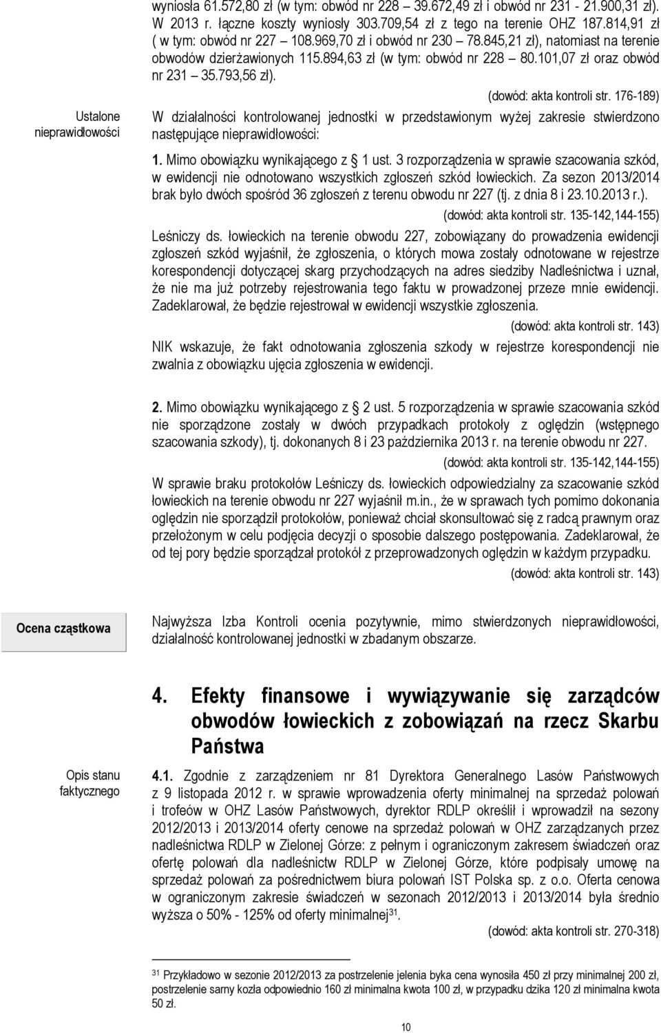 (dowód: akta kontroli str. 176-189) W działalności kontrolowanej jednostki w przedstawionym wyżej zakresie stwierdzono następujące nieprawidłowości: 1. Mimo obowiązku wynikającego z 1 ust.