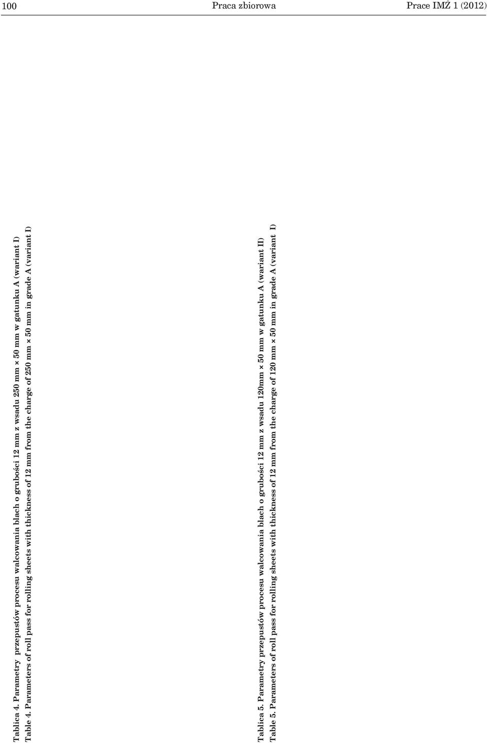Parameters of roll pass for rolling sheets with thickness of 12 mm from the charge of 250 mm 50 mm in grade A (variant I) Tablica 5.