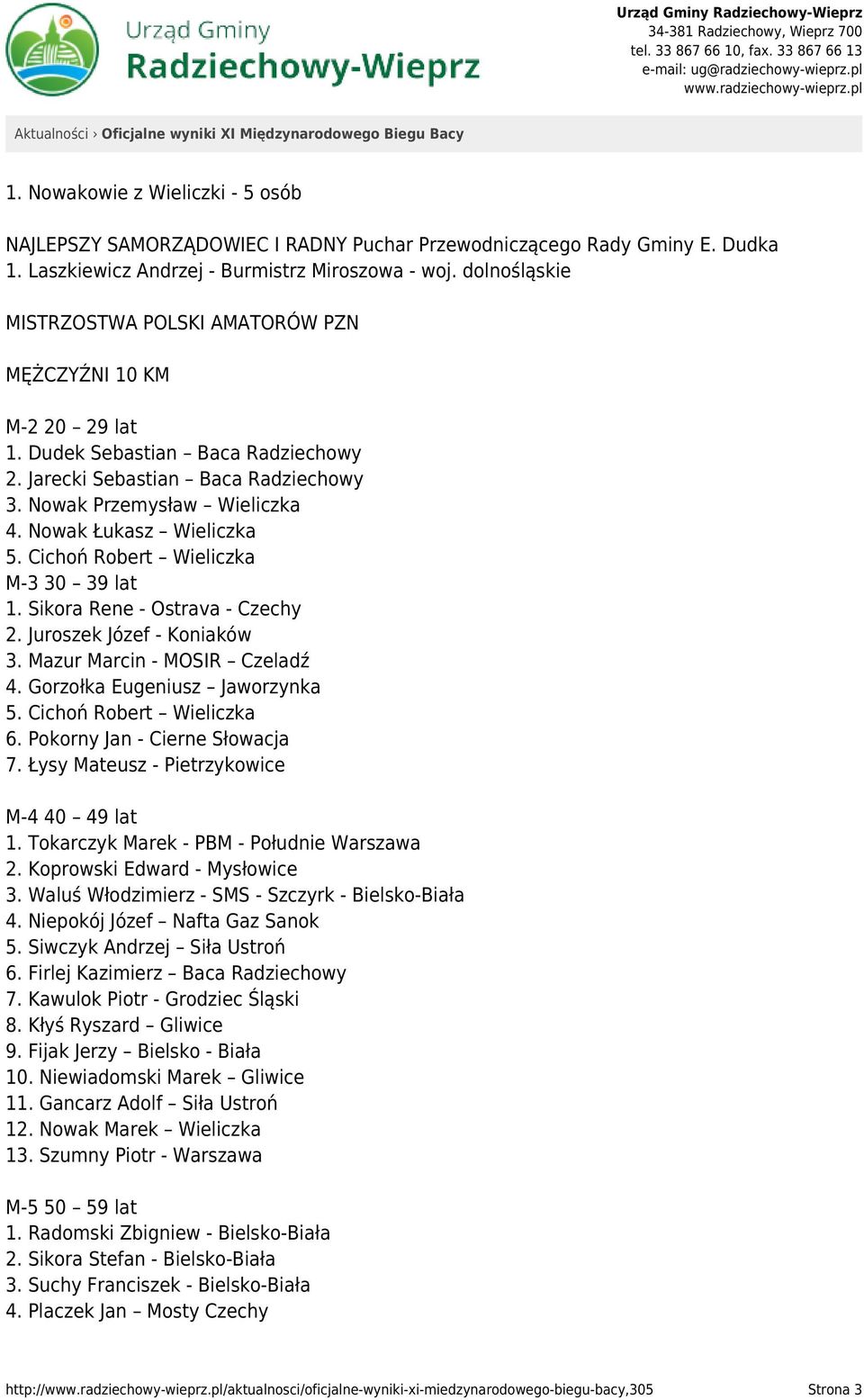 Nowak Łukasz Wieliczka 5. Cichoń Robert Wieliczka M-3 30 39 lat 1. Sikora Rene - Ostrava - Czechy 2. Juroszek Józef - Koniaków 3. Mazur Marcin - MOSIR Czeladź 4. Gorzołka Eugeniusz Jaworzynka 5.