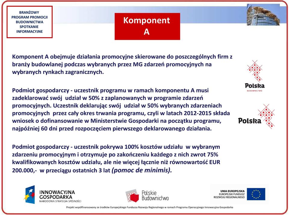 Uczestnik deklarując swój udziałw 50% wybranych zdarzeniach promocyjnych przez cały okres trwania programu, czyli w latach 2012-2015 składa wniosek o dofinansowanie w Ministerstwie Gospodarki na