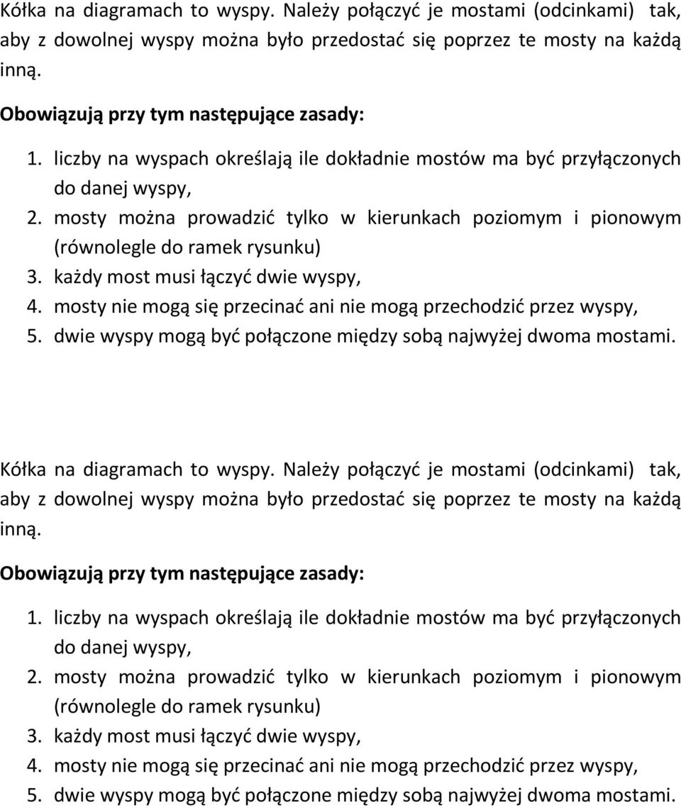 każdy most musi łączyć dwie wyspy, 4. mosty nie mogą się przecinać ani nie mogą przechodzić przez wyspy, 5. dwie wyspy mogą być połączone między sobą najwyżej dwoma mostami.