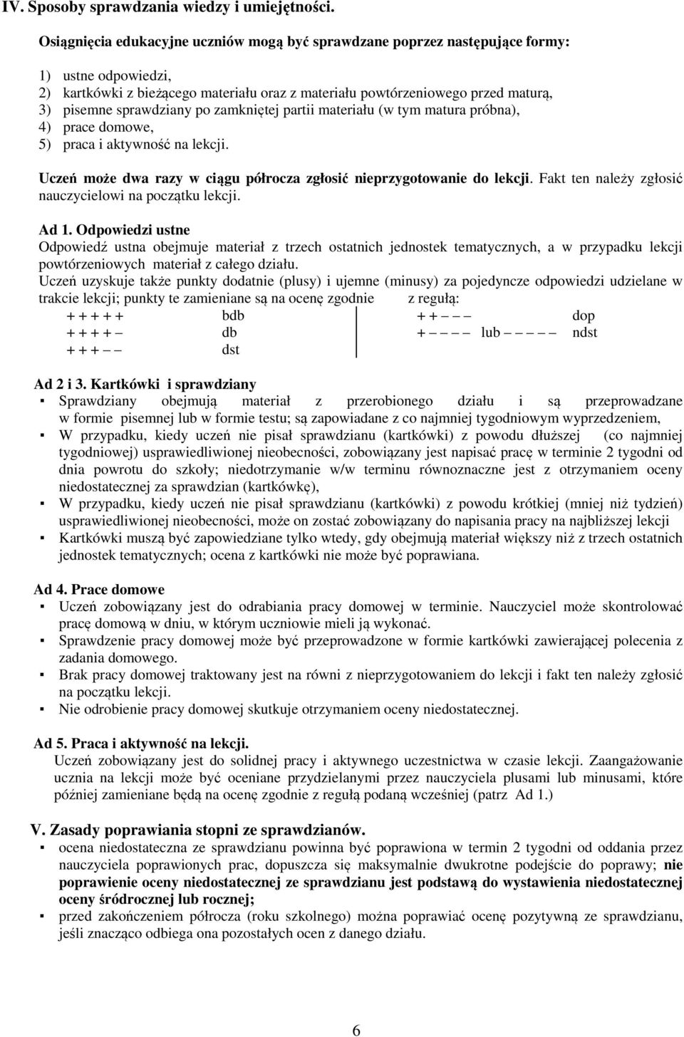 sprawdziany po zamkniętej partii materiału (w tym matura próbna), 4) prace domowe, 5) praca i aktywność na lekcji. Uczeń może dwa razy w ciągu półrocza zgłosić nieprzygotowanie do lekcji.