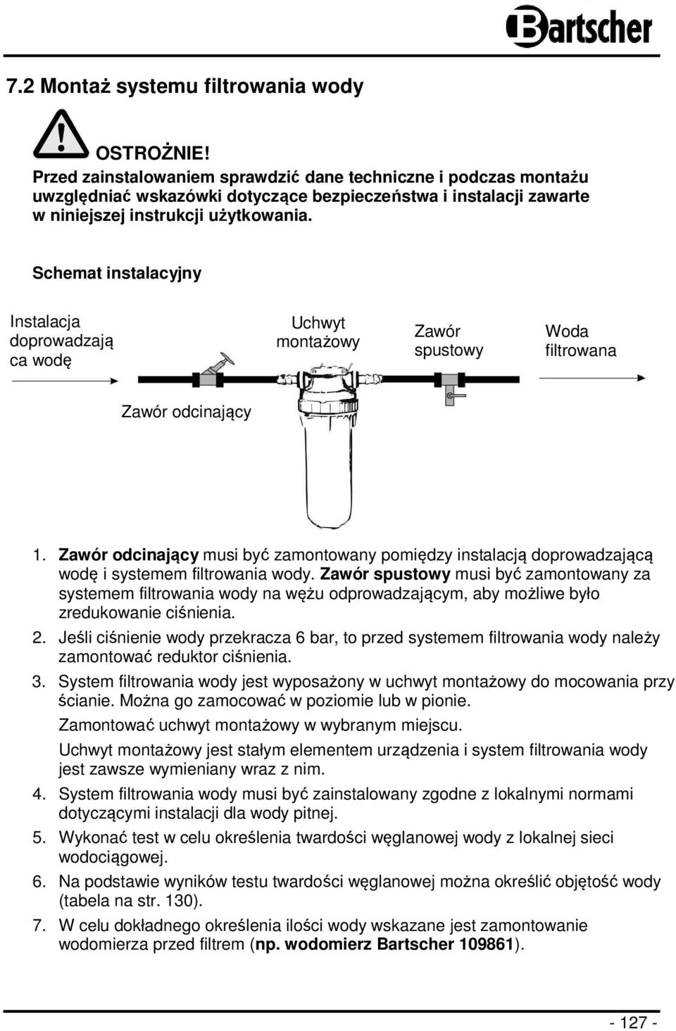 Schemat instalacyjny Instalacja doprowadzają ca wodę Uchwyt montażowy Zawór spustowy Woda filtrowana Zawór odcinający 1.