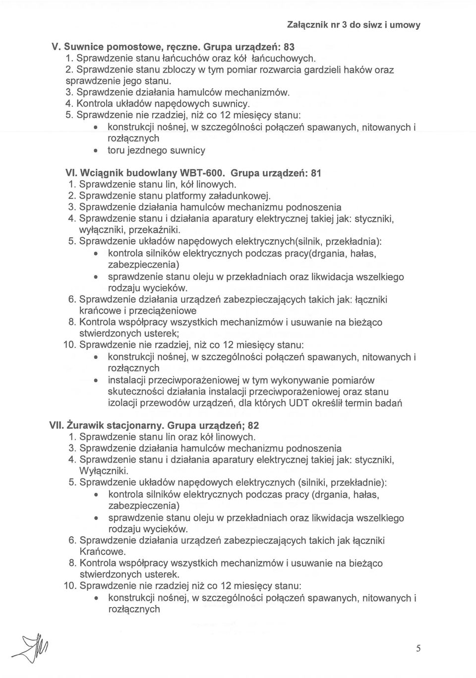 Sprawdzenie nie rzadziej, niż co 12 miesięcy stanu: toru jezdnego suwnicy VI. Wciągnik budowlany WBT-600. Grupa urządzeń: 81 1. Sprawdzenie stanu lin, kół linowych. 2.