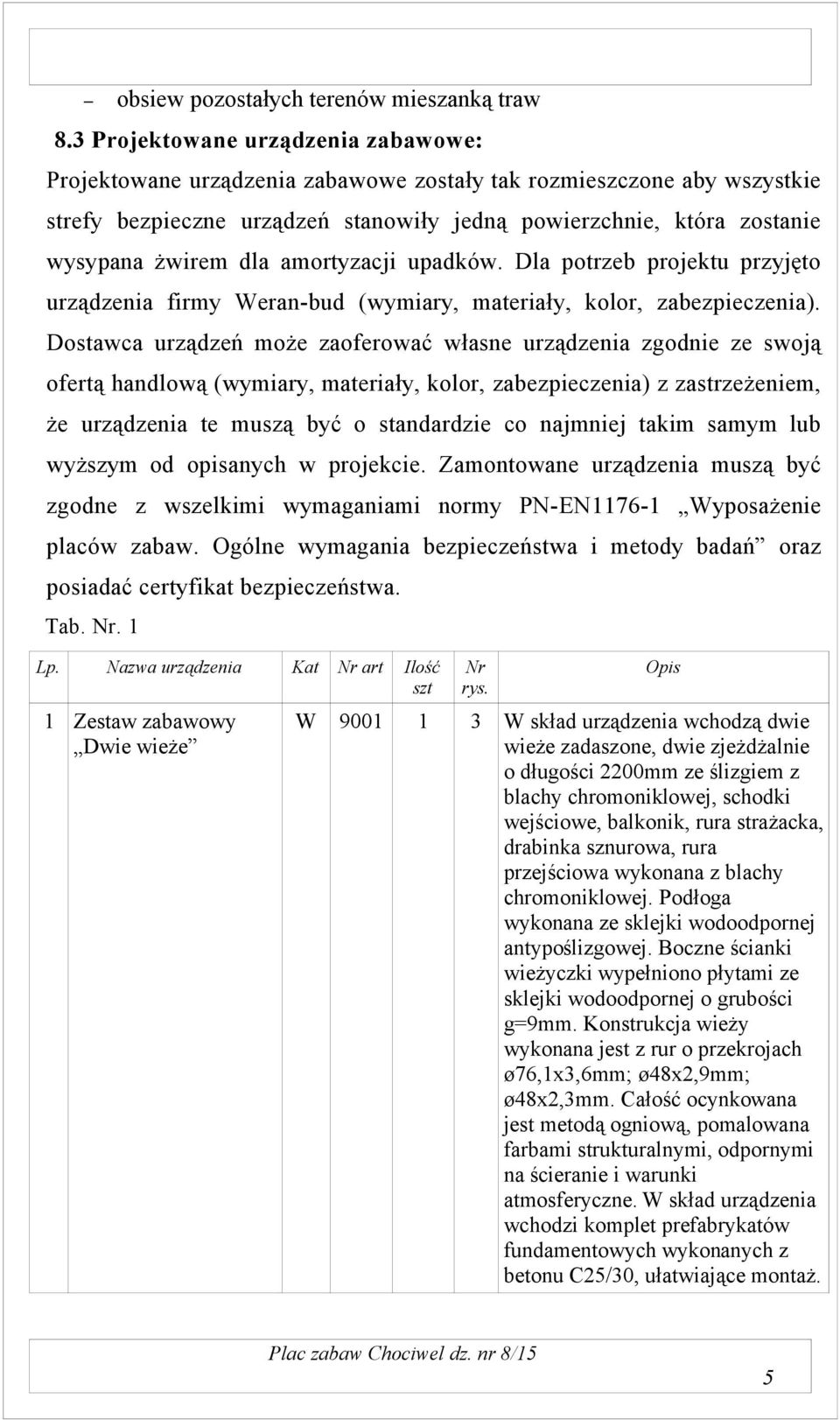 dla amortyzacji upadków. Dla potrzeb projektu przyjęto urządzenia firmy Weran-bud (wymiary, materiały, kolor, zabezpieczenia).