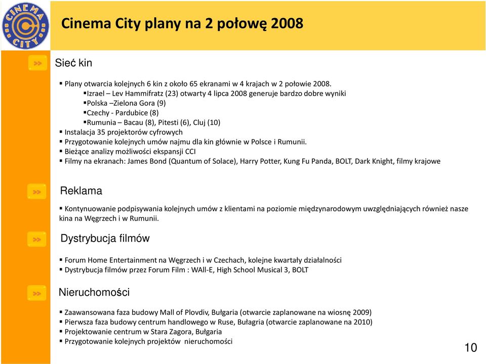 Przygotowanie kolejnych umów najmu dla kin głównie w Polsce i Rumunii.