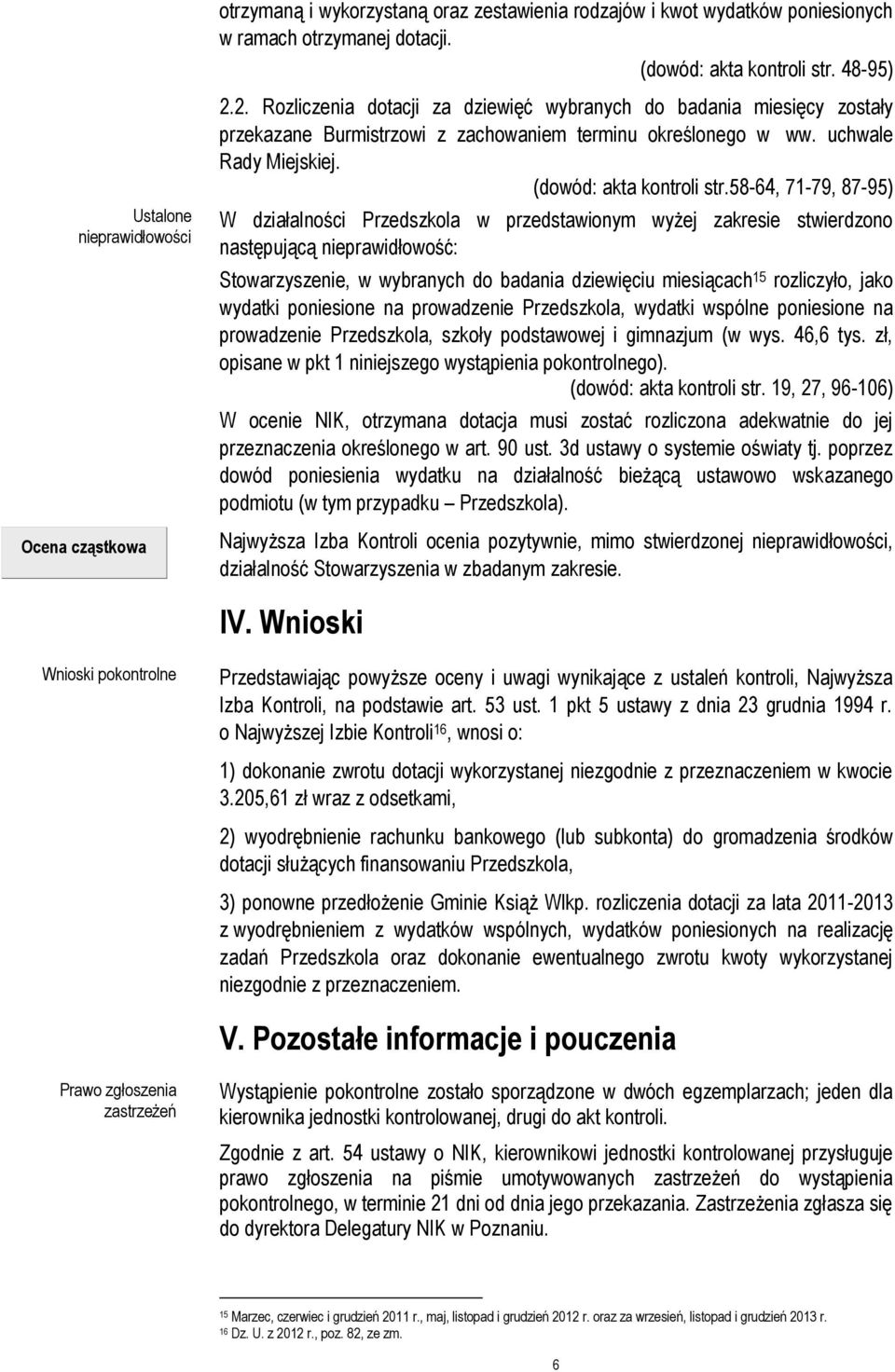 58-64, 71-79, 87-95) W działalności Przedszkola w przedstawionym wyżej zakresie stwierdzono następującą nieprawidłowość: Stowarzyszenie, w wybranych do badania dziewięciu miesiącach 15 rozliczyło,