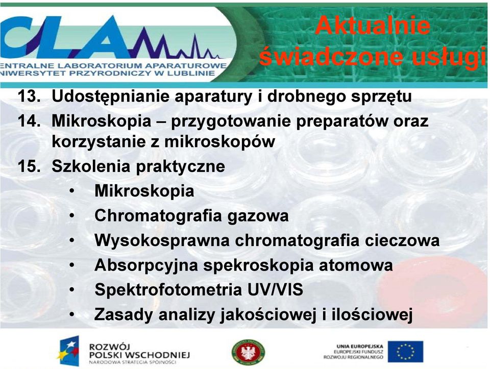 Szkolenia praktyczne Mikroskopia Chromatografia gazowa Wysokosprawna chromatografia