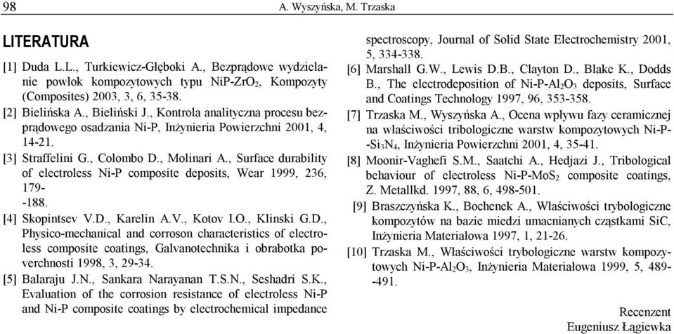 , Surface durability of electroless Ni-P composite deposits, Wear 1999, 236, 179- -188. [4] Skopintsev V.D.