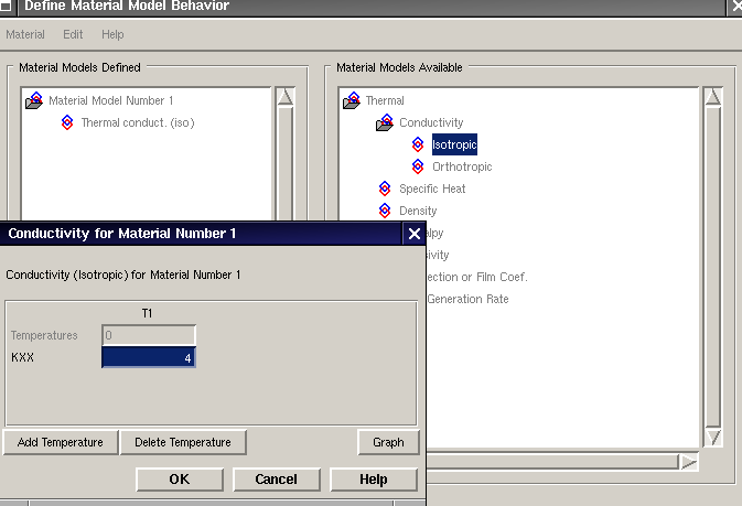 4 3.2. Definiowaniemateriału Aby wybrać odpowiedni model materiału używamy opcji Main Menu > Preprocessor > Material Props > Material Models i dwukrotnie klikamy na Thermal, Conductivity, Isotropic.
