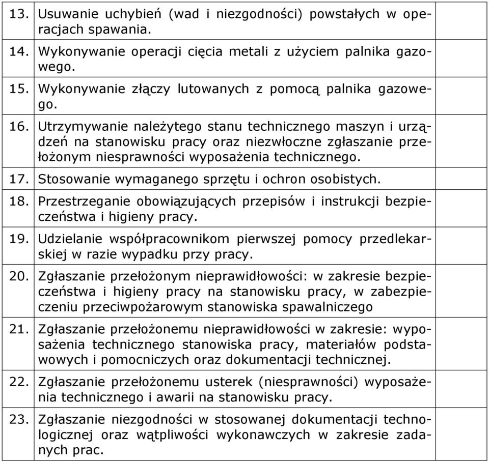 Utrzymywanie należytego stanu technicznego maszyn i urządzeń na stanowisku pracy oraz niezwłoczne zgłaszanie przełożonym niesprawności wyposażenia technicznego. 17.