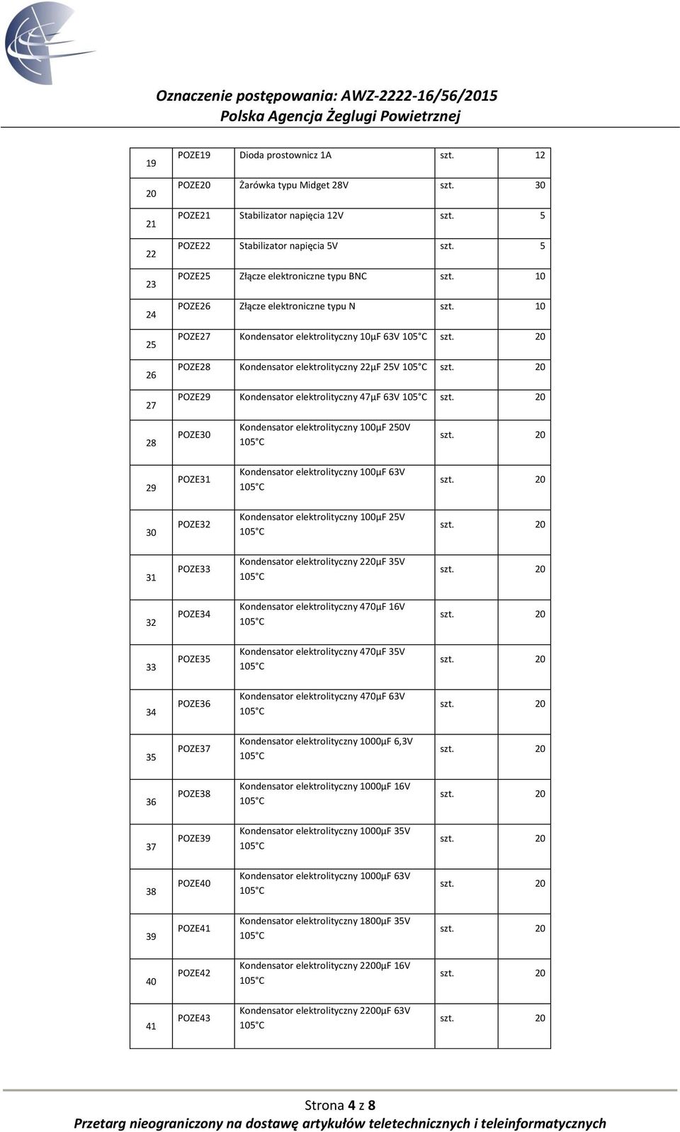 POZE27 Kondensator elektrolityczny µf 63V POZE28 Kondensator elektrolityczny 22µF 25V POZE29 Kondensator elektrolityczny 7µF 63V 28 POZE30 Kondensator elektrolityczny 0µF 250V 29 POZE31 Kondensator