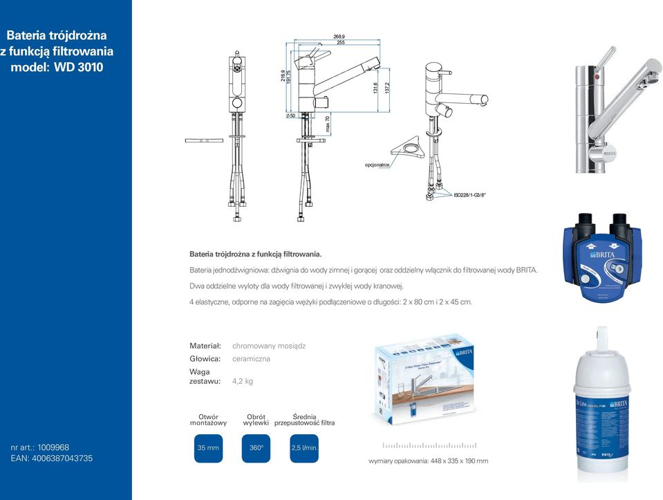 Bateria jednodżwigniowa: dźwignia do wody zimnej i gorącej oraz oddzielny włącznik do filtrowanej wody BRITA.