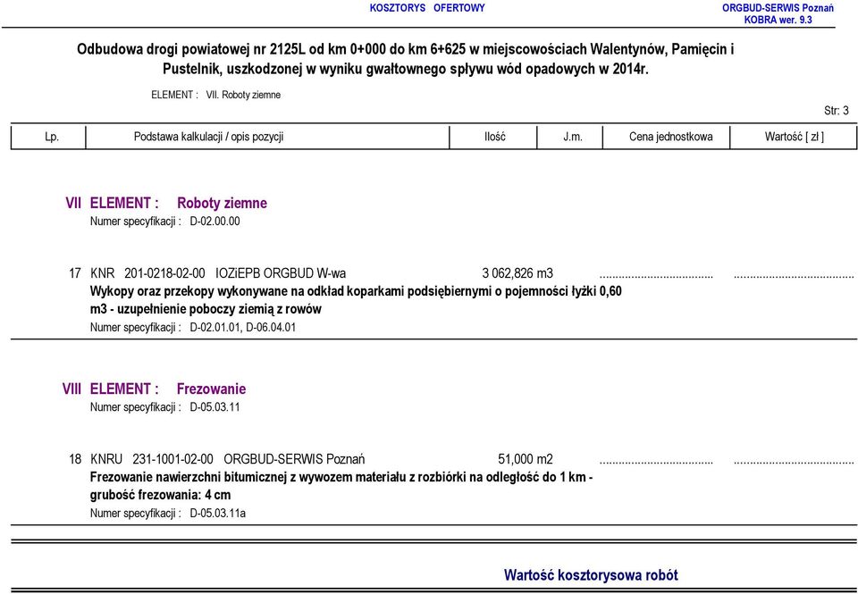 D-02.01.01, D-06.04.01 VIII ELEMENT : Frezowanie Numer specyfikacji : D-05.03.11 18 KNRU 231-1001-02-00 ORGBUD-SERWIS Poznań 51,000 m2.