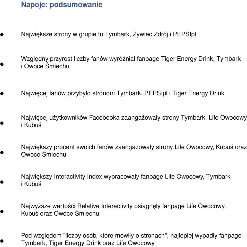 fanów zaangażowały strony Life Owocowy, Kubuś oraz Owoce Śmiechu Największy Interactivity Index wypracowały fanpage Life Owocowy, Tymbark i Kubuś Najwyższe wartości Relative