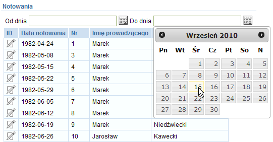 g. W górnej linii umieść dwa elementy typu Date Picker. Jeden z nich nazwij PX_OD_DNIA, a drugi PX_DO_DNIA.